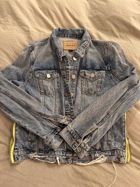 Blank NYC Light Blue Distressed Denim Jacket with Neon Yellow Trim